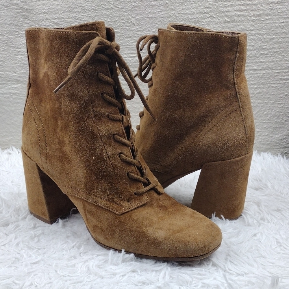 Vince Tan Suede Leather Square Toe Side Zipper Blocked Suede Heel Lace Up Boot